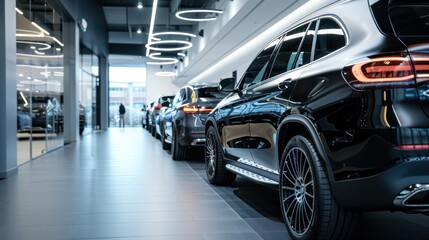 Obraz premium Luxury SUV new cars parked for sale and rent in modern showroom. Generate AI