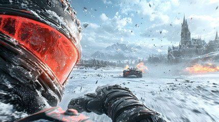 A first-person perspective of a futuristic vehicle chase in a snowy environment. Action-packed scene with a red-tinted visor. Great for game art. Apply as concept art or promotional visuals.