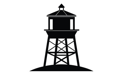 Tall water tower front silhouette, Water tower icon, Black silhouette, Vertical front side view, Vector simple flat graphic illustration, Isolated object on a white background