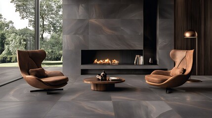 Modern Living Room with Brown Leather Armchairs and Fireplace