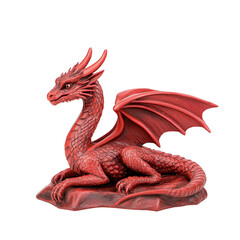 Naklejka premium A detailed red dragon figurine with intricate scales and wings, sitting majestically on rock. dragon fierce expression and elegant posture convey sense of power and mystique