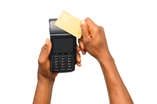 A person makes a contactless payment by tapping a yellow debit card on a POS terminal, representing digital transactions, secure payments, financial technology, and the convenience of cashless commerc