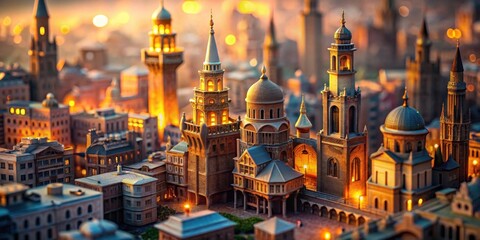 Fototapeta premium An Intricate Miniature Cityscape at Golden Hour, Illuminated Buildings and Towers with Architectural Details, a Detailed Model of an Urban Center