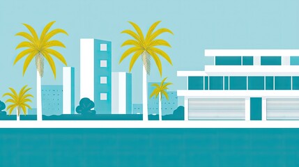 Obraz premium Coastal city view with palm trees, modern building in sunny weather. Use for vacation themed designs
