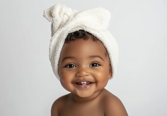 Obraz premium Happy Cute Baby with Towel on Head Smiling Showing Teeth Isolated on White Background