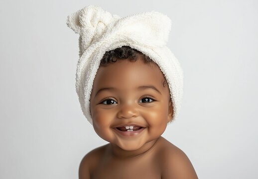 Fototapeta Happy Cute Baby with Towel on Head Smiling Showing Teeth Isolated on White Background