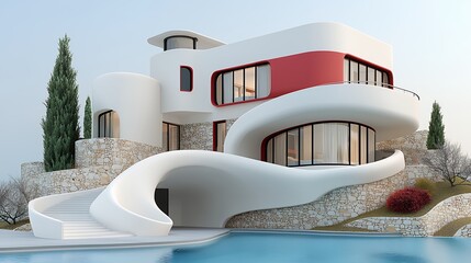 Modern White and Red Curved House on Hillside with Pool