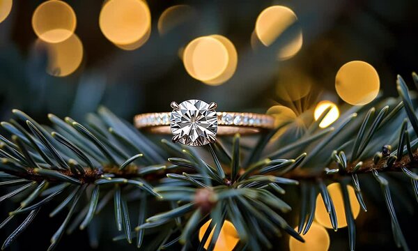 Diamond ring on pine branch, festive lights