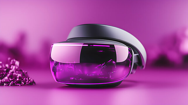 A futuristic VR headset in a vibrant purple setting. Great for tech blogs social media or advertising virtual reality experiences. Promote immersive technology.