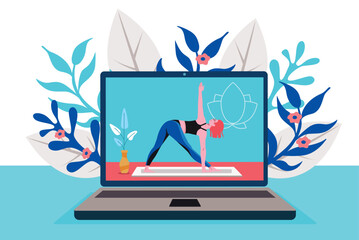 Woman practicing online yoga class on a laptop with floral background. Promoting health and wellness. Flat vector illustration
