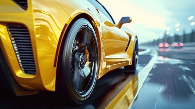 Futuristic yellow sports car riding in fast motion on highway. Generated AI image