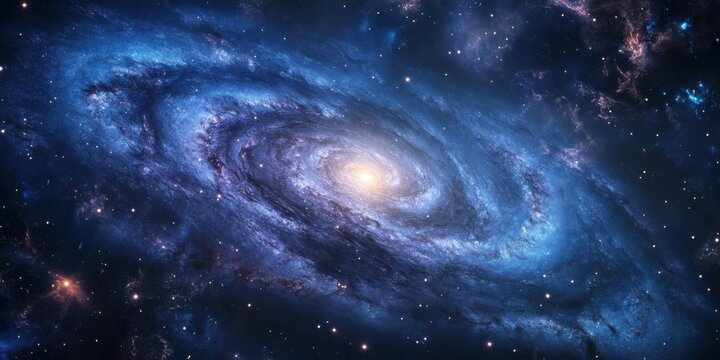 spiral galaxy swirling space background featuring a vast in deep sapphire blue hues, surrounded by glowing stars and cosmic dust trails stretching across the infinite universe