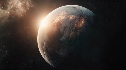 Obraz premium A planet with a bright sun in the background. The planet is surrounded by a lot of stars