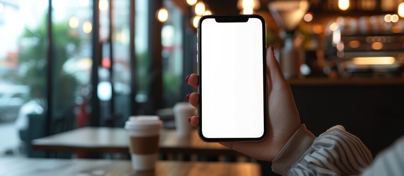 Woman hand holding a mobile phone white blank screen for mockup at coffee shop. Generated AI image