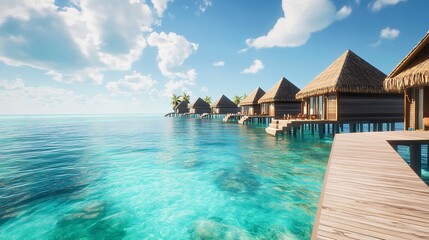 Obraz premium Amazing green lagoon with over water bungalows having steps leading into it