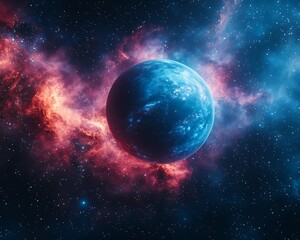 Fototapeta premium A blue planet floats amid cosmic nebula and stars in the sky