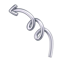 Obraz premium 3D chrome doodle arrow in Y2K style, isolated on a dark background. Render of 3D chrome liquid curve and swirl arrow, rotating up, down, and right with a metal silver effect. 3D vector Y2K figure
