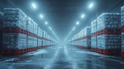 A spacious cold storage warehouse is filled with neatly stacked pallets of perishable items. Bright lighting and maintenance of climate control are evident.