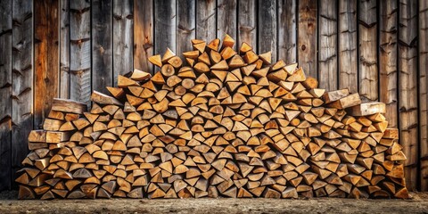 A Rustic Stack of Firewood Against a Weathered Wooden Wall, Showing a Natural Arrangement of Cut Logs Ready for Winter
