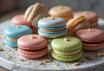 Fototapeta premium Pastel Macarons with Nut Crumble on Marble Platter