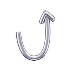 3D chrome doodle arrow in Y2K style, isolated on a dark background. Render of 3D chrome liquid curve and swirl arrow, rotating up, down, and right with a metal silver effect. 3D vector Y2K figure