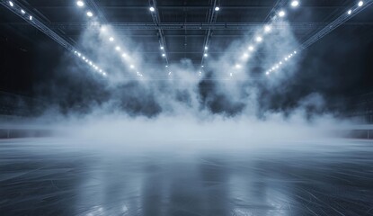 Indoor Ice Arena with Fog and Bright Lights Overhead in a Hockey Stadium