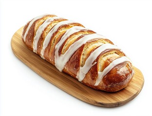 Delicious iced sweet bread loaf on wooden board, ready to serve and eat