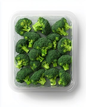 Fototapeta Fresh Broccoli Florets Arranged in a Clear Plastic Container, Displayed on White Background