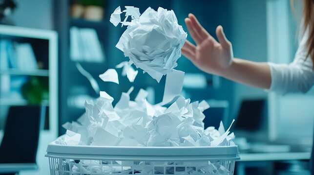 a hand throwing a paper ball into a trash can