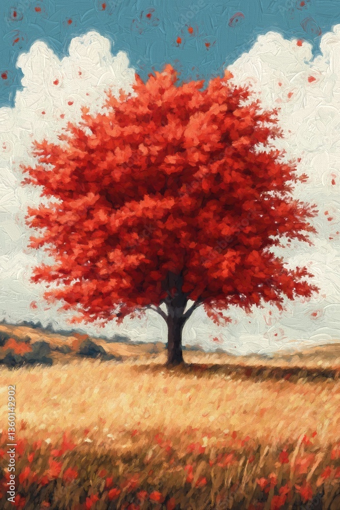 Poster red tree in field. the tree's vibrant red leaves contrast beautifully with the warm hues of the fiel