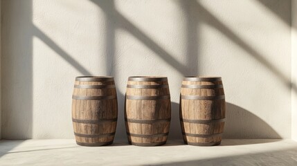 Naklejka premium Three wine barrels stacked in soft light highlighting warm wood grain