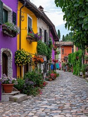 Obraz premium Colorful Houses and Vibrant Flowers Line a Cobblestone Street