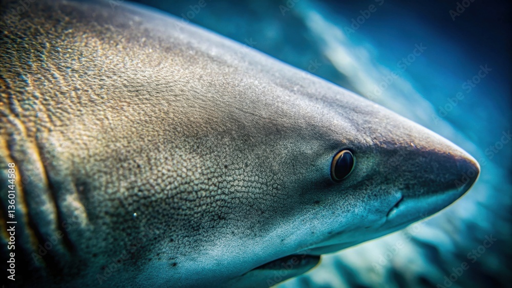 Poster close-up view of a shark's head and eye, showcasing its textured skin in an underwater setting