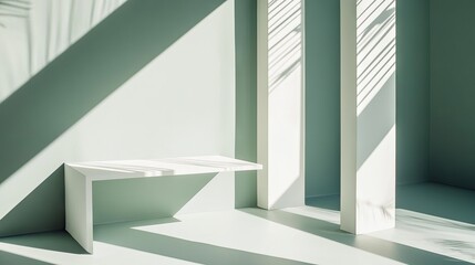Obraz premium Minimalist white bench in sunlit mint green room