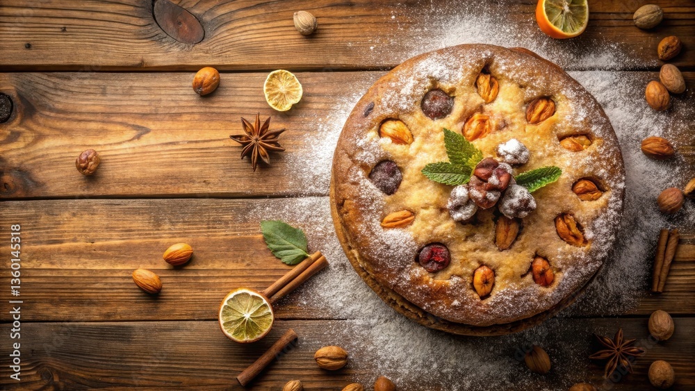 Poster aromatic fruit and nut cake dusted with powdered sugar, surrounded by cinnamon sticks, dried citrus,
