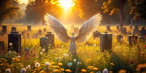 Serene sunrise illuminates angelic statue amidst wildflowers in a peaceful cemetery