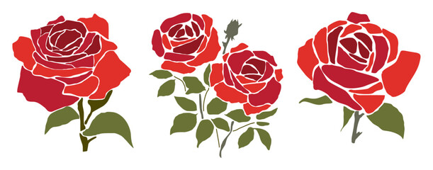 Set of decorative fresh blossoming red rose flower, June birth month flowers. Flat vector illustration isolated on transparent background