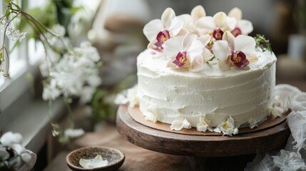 Fototapeta premium Rustic Minimalist Cake with Edible Orchid Flowers on Deep Ceramic Cake Stand and Rustic Wooden Board
