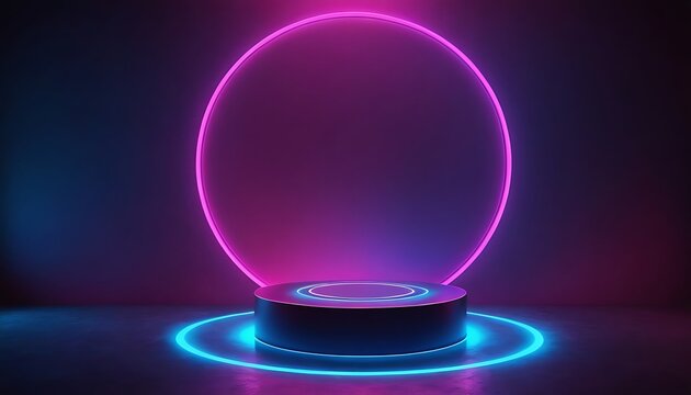 Podium 3D stage product platform pedestal background display neon abstract. Podium 3D light stage scene purple show studio room blue night award modern dark sale render flash banner mockup,cosmetic, 6 - Powered by Adobe