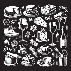 chalk food vector illustrations. wedding dinner icons, wine or champagne glass, cheese, and charcuterie drawings for wedding invitations, cafe menus, and parties