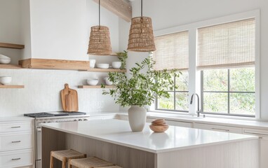 Fototapeta premium Bright modern kitchen interior with white cabinetry, wooden accents, and woven light fixtures. A white quartz island sits in the center with greenery and bowls. Natural light streams in through the