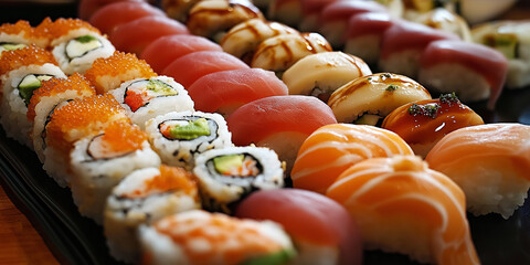 A beautifully arranged sushi combo on a table surrounded by friends, warm lighting, DSLR camera, shallow depth of field, vibrant sushi colors, cozy atmosphere