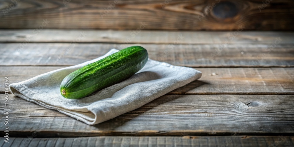Aufkleber a single fresh cucumber rests on a simple linen cloth atop a rustic wooden surface