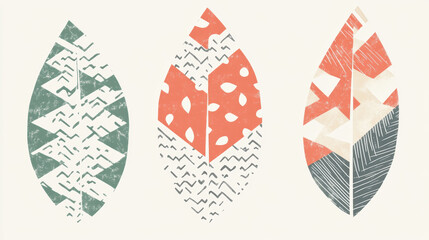 Abstract illustration of three stylized leaves with geometric patterns, featuring vibrant green, orange, and beige tones on light background. design evokes modern and artistic feel