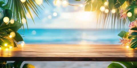 Wooden table in front of tropical green floral background. Palm leaves and tropical flowers around, festive garland with lights. For product display and presentation.