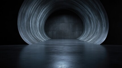 Dark, circular tunnel interior.  Empty, modern, industrial space