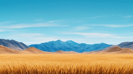 Obraz premium Golden Wheat Field and Distant Mountain Range Under a Clear Blue Sky