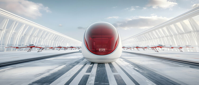 Futuristic transport system with a pod-like vehicle and X-wing inspired crafts in a bright modern setting. Use it for sci-fi concept art or future tech presentations.