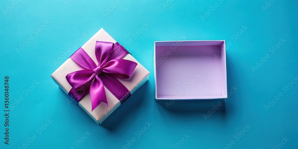 Poster a single closed gift box with a purple ribbon and an empty open gift box on a blue background