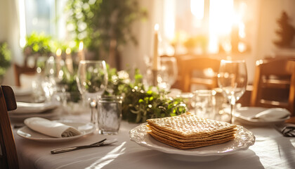 Passover table setting with matzah and candles. concept of jewish traditions, pesach celebration, festive meal, ritual ceremony